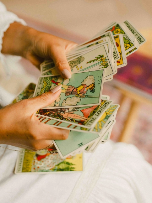 Tarot cards spread during a reading session